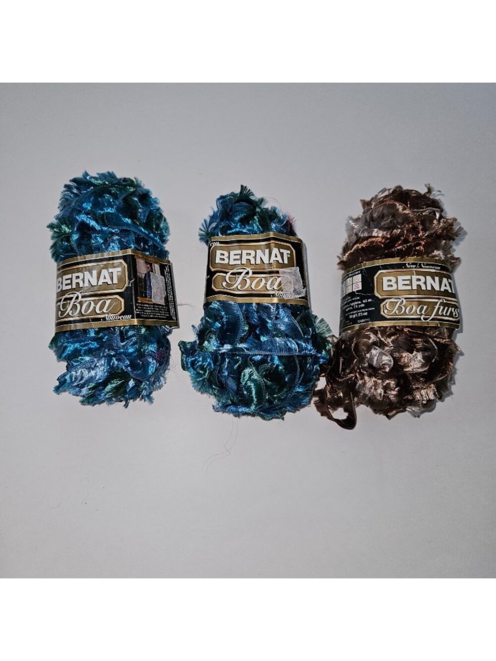 3 Bernat Boa Yarn Mixed Lot Peacock Blue Soft Mink Brown (packaging wear) READ
